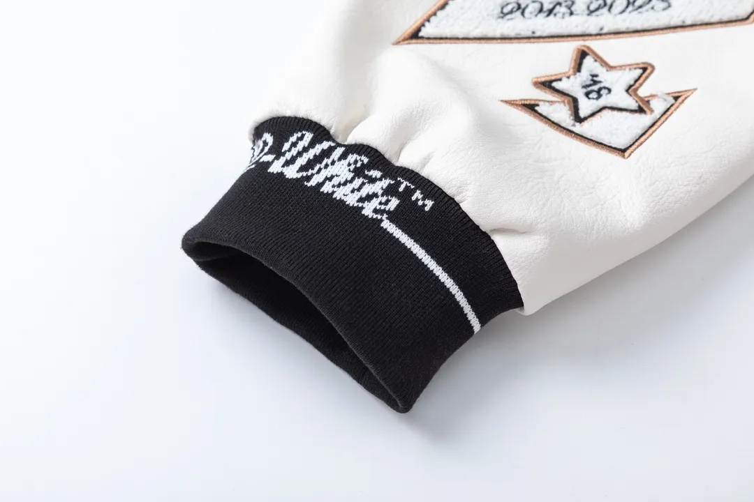 S21#P660, offwhite heavy-duty embroidered leather baseball jacket. The body is made of woolen fabric. Couple's jacket. Black size: S M L XL